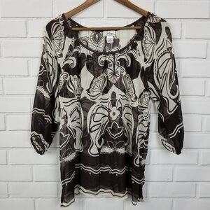 CDW Floral Blouse‎ Top Sheer Medium Brown